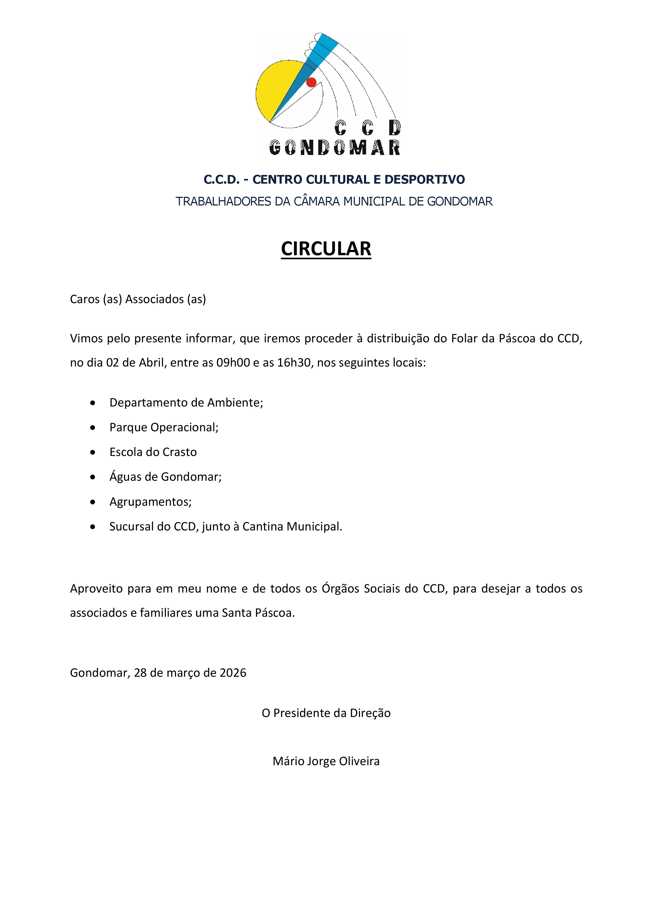 Circular de entrega do folar da Páscoa do CCD 2026